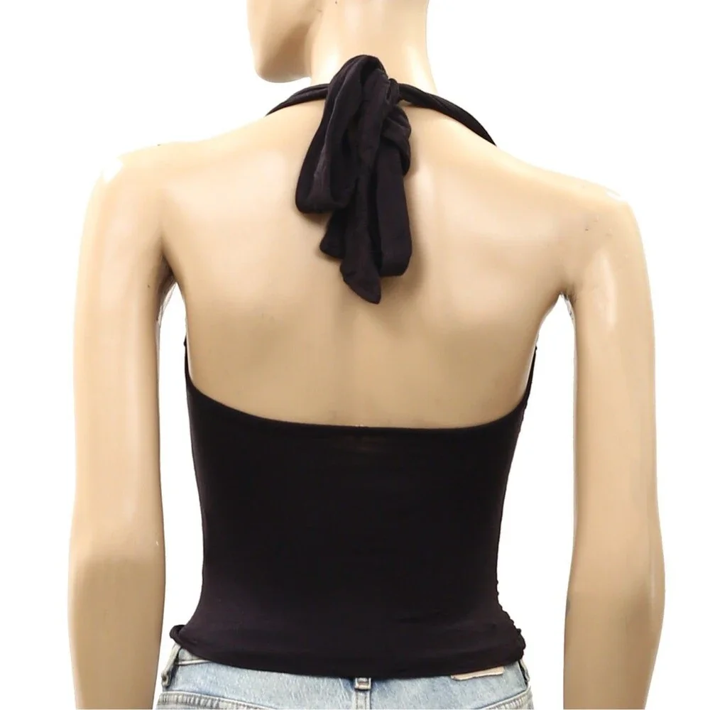 Free People Electric Bloom Halter Blouse Top Ruched Trendy Black Solid L 288759